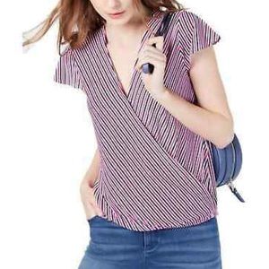 INC Striped Cap-Sleeve Wrap Shirt - Magenta Flame